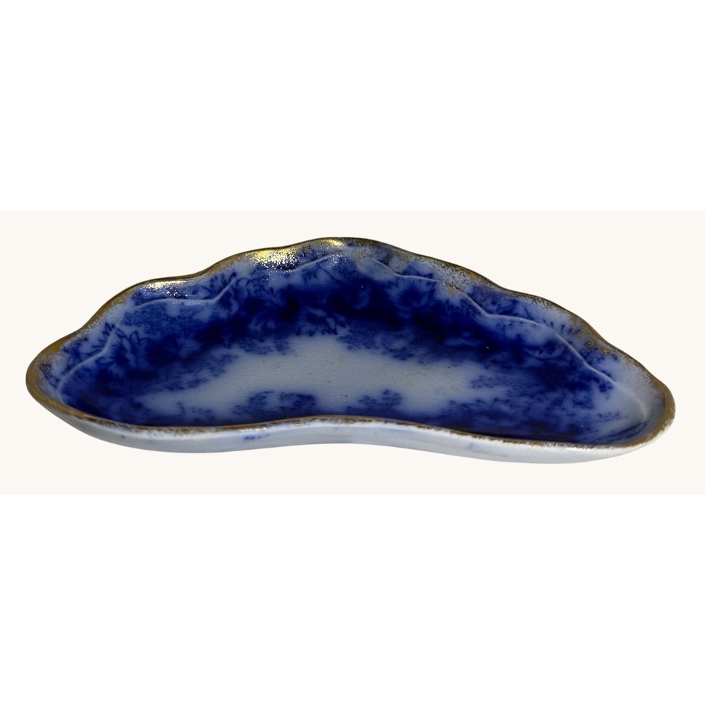 Antique Flow Blue Bone Dish W&E Corn Garland Porcelaine Royale Gold Trim 1890s - Picture 3 of 9